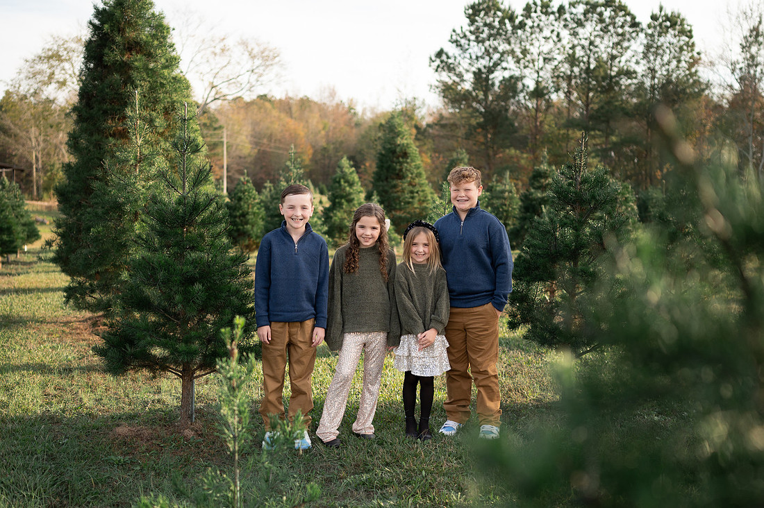 Four children standing together among evergreen trees
